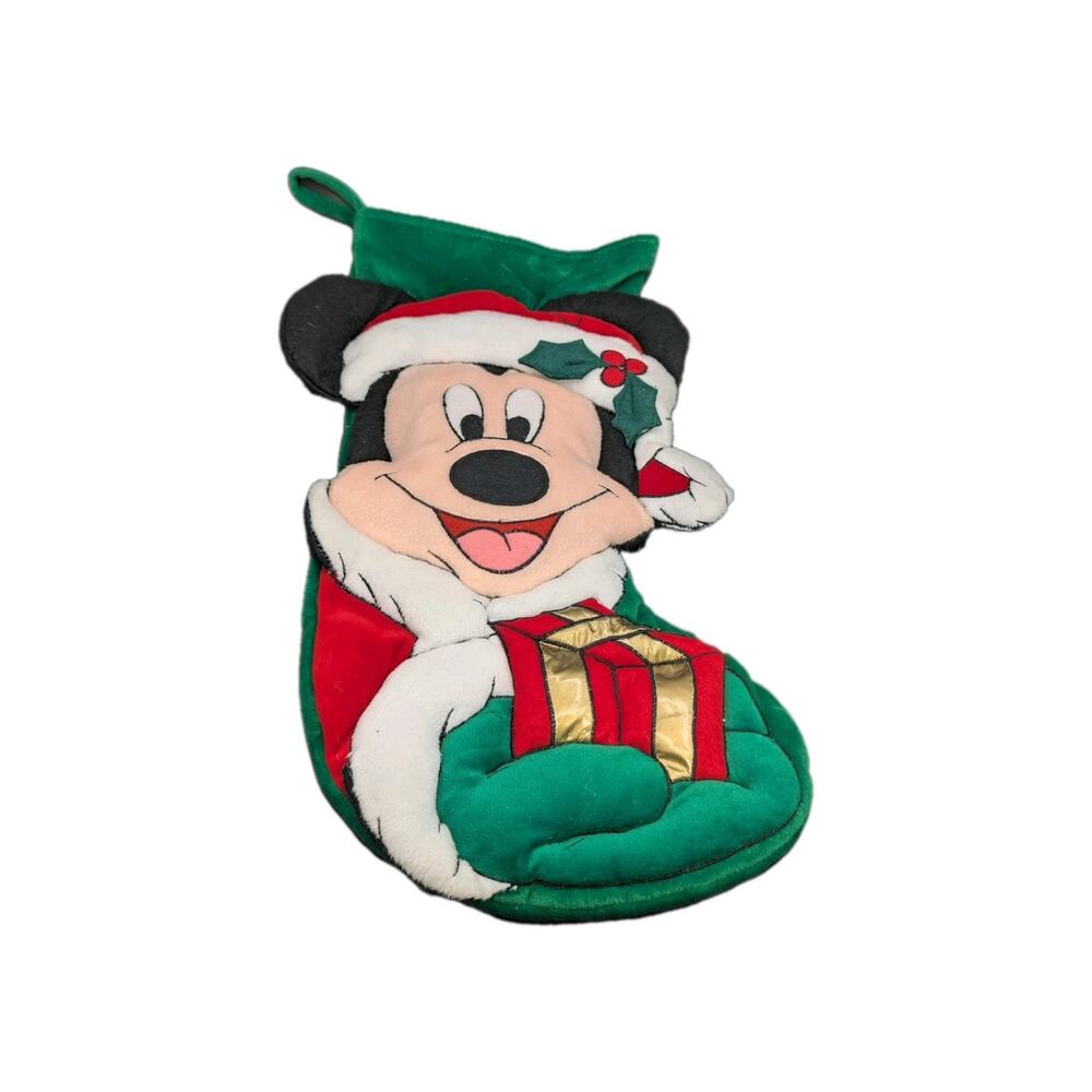 Rare Disney Mickey Mouse Red & Green Christmas Stocking Vintage